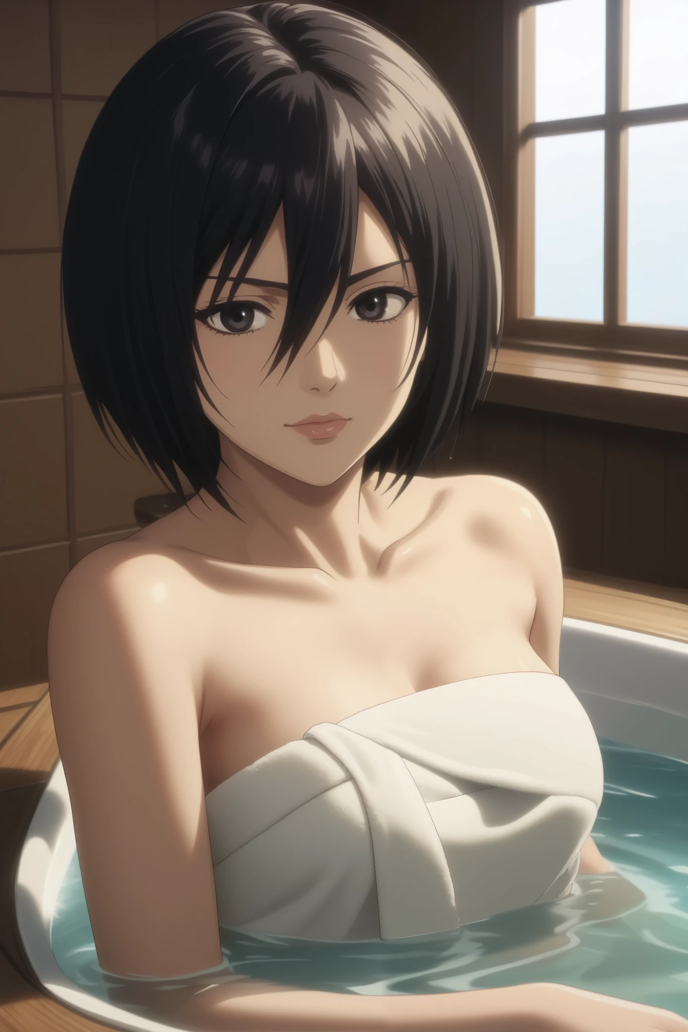 score_9, score_8_up, score_7_up, source_anime, rating_safe, intricate details, anime screencap, , , looking at viewer, , 1girl, solo, mikasa_ackerman, black hair, black eyes, s3, hair between eyes, short hair, lips, (She has a bath towel wrapped around her body:1.2), (medium breasts), She is bathing, (She is sitting in the excellent Japanese wooden bathtub that made of cypress:1.3), the modern bathroom is made of woods with tiles, gentle sunlight, professional lighting, Steam rises from the bathtub filled with hot water, the cat looks so happy with her, (detailed giant fat cat is mewing:1.3), she looks so happy, Outside the window is a snowy scene,