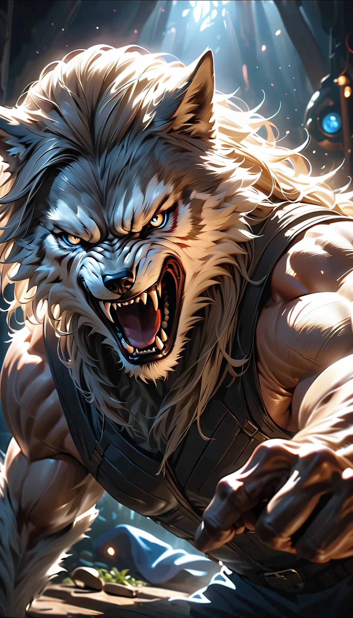 (((whole body, Werewolf), (attacks you))), realistic,hyper-detailed,highly-detailed,dramatic,dynamic transformation,a man transforming from a white wolf into a human,intense glare with piercing blue eyes,gradual transition from wolf to human,predatory wolf-like features,intense red glowing eyes,double exposure of fear and tenderness,mesmerizing gaze,1 man,solo,portrait,fantasy,supernatural,horror,sci-fi,chiaroscuro lighting,dramatic lighting,cinematic,(best quality,8k,highres,masterpiece:1.2),ultra-detailed,(realistic,photorealistic,photo-realistic:1.37),HDR,UHD,studio lighting,ultra-fine painting,sharp focus,physically-based rendering,extreme detail description,professional,vivid colors,bokeh