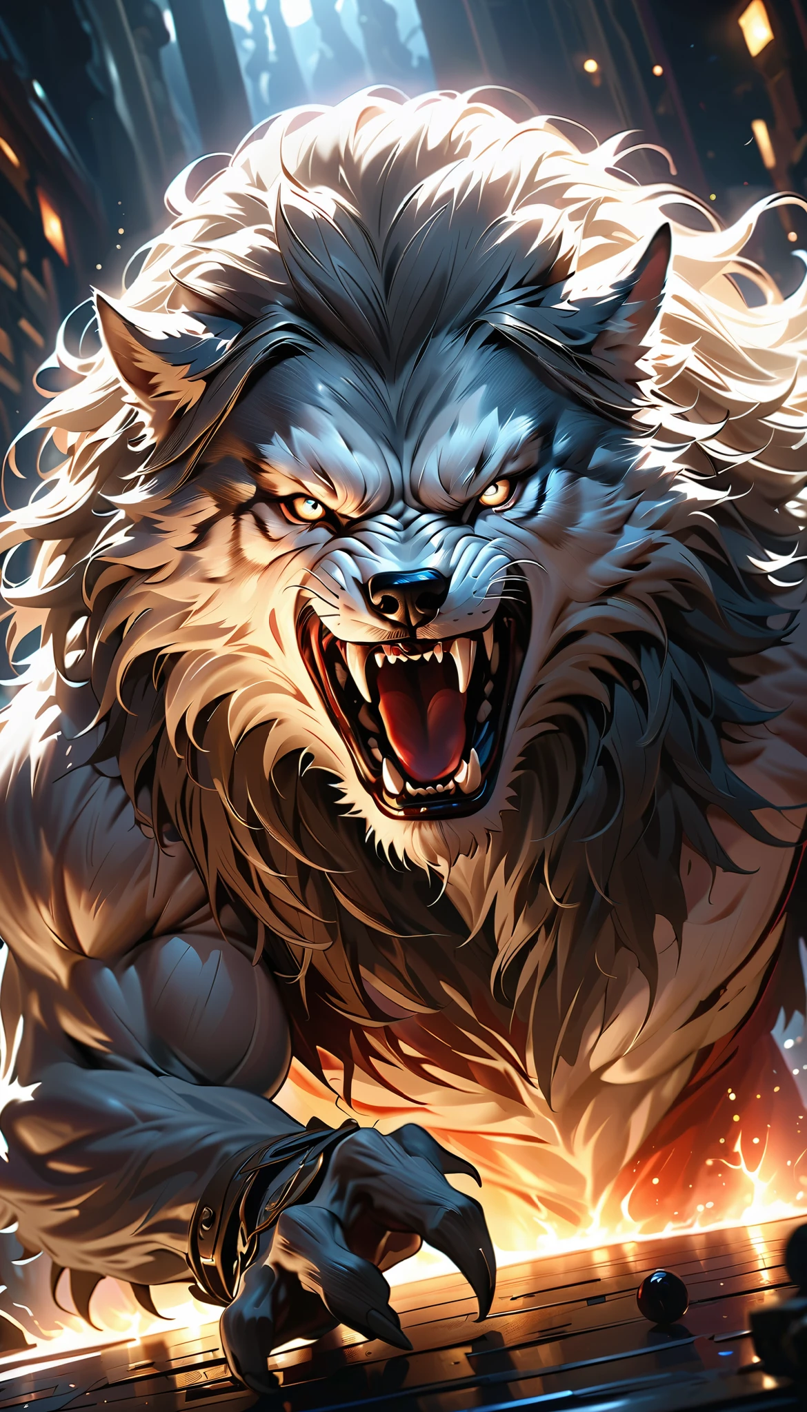 (((whole body, Werewolf), (attacks you))), realistic,hyper-detailed,highly-detailed,dramatic,dynamic transformation,a man transforming from a white wolf into a human,intense glare with piercing blue eyes,gradual transition from wolf to human,predatory wolf-like features,intense red glowing eyes,double exposure of fear and tenderness,mesmerizing gaze,1 man,solo,portrait,fantasy,supernatural,horror,sci-fi,chiaroscuro lighting,dramatic lighting,cinematic,(best quality,8k,highres,masterpiece:1.2),ultra-detailed,(realistic,photorealistic,photo-realistic:1.37),HDR,UHD,studio lighting,ultra-fine painting,sharp focus,physically-based rendering,extreme detail description,professional,vivid colors,bokeh