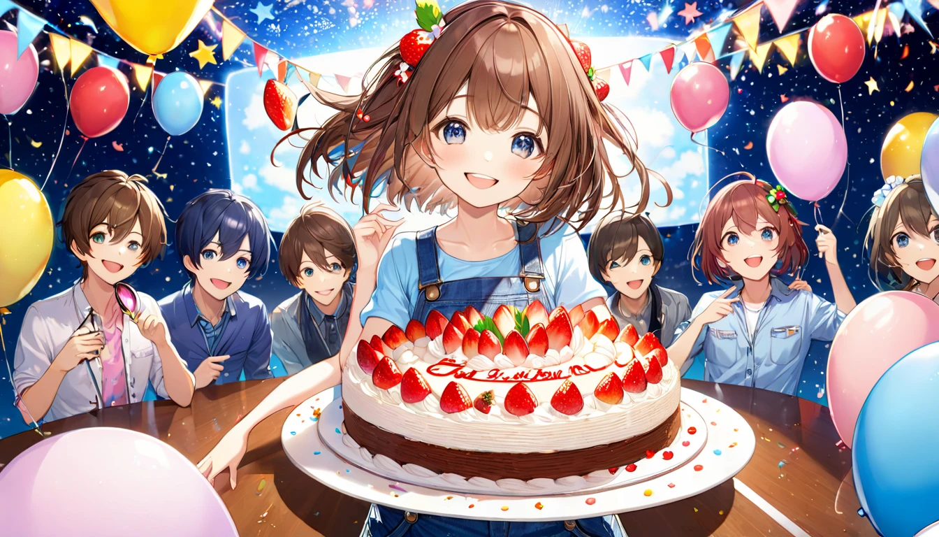 background：A strawberry-decorated cake is placed on a table in a space decorated like a night party venue、Bright lighting and colorful balloons、Star-shaped decorations。
expression：With a smile full of joy、Create a celebratory atmosphere。
Costume：A casual style with a light blue top and overalls、and blue headphones。
 pose：Hands lightly placed on the cake、 smiling at the camera 。
scene：いちごがデコレーションされたケーキがテーブルに置かれ、A festive atmosphere befitting a party。( brown-haired girl wearing headphones ),
(masterpiece:1.2), (best quality), (ultra detailed), (extremely detailed), (absolutely resolution), absurdres, 8k, 1girl, beautiful-landscape-background, shiny skin, flowers, break, ultra detailed eyes, bobcut。
