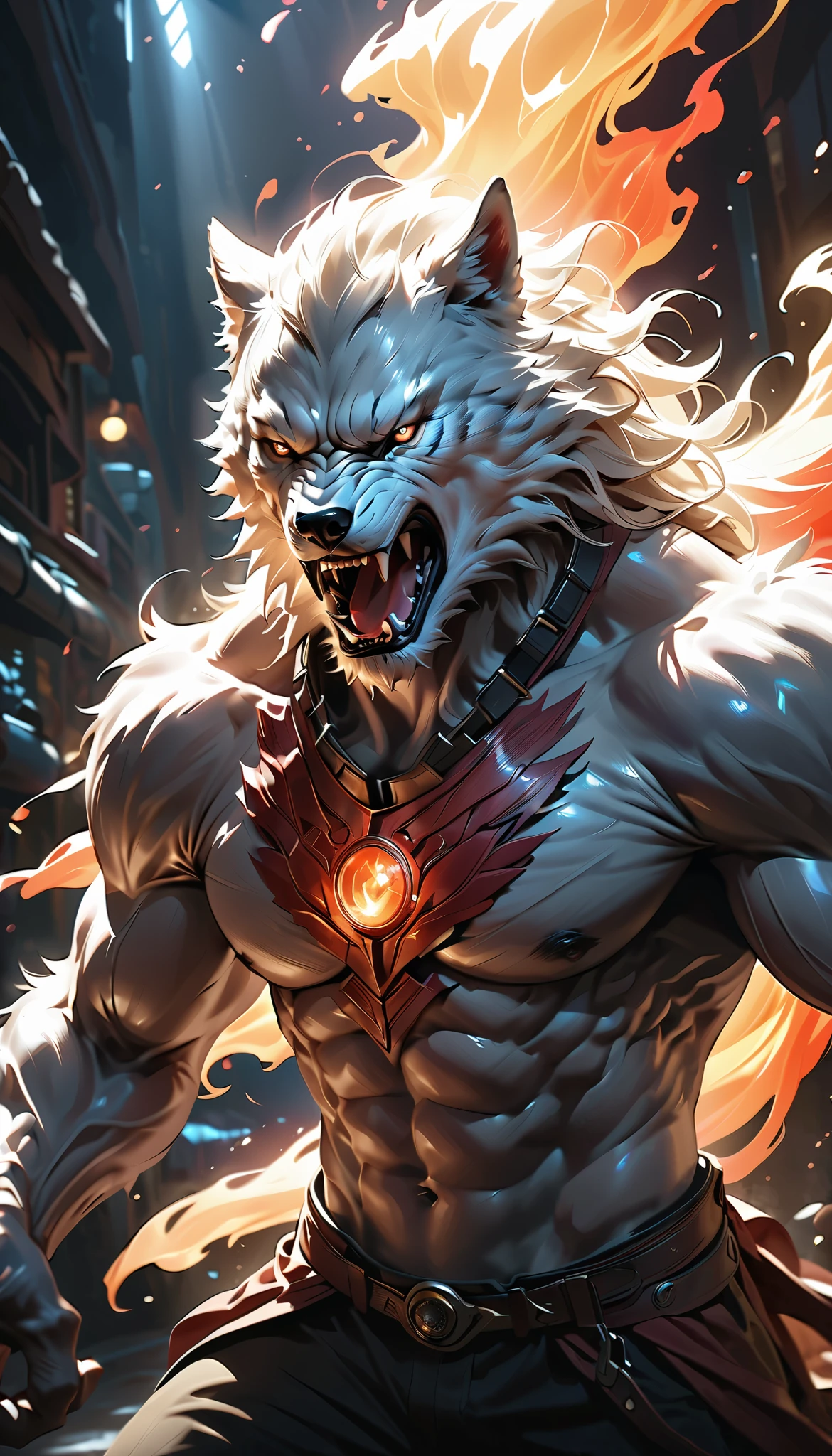 (((whole body, Werewolf), (attacks you))), realistic,hyper-detailed,highly-detailed,dramatic,dynamic transformation,a man transforming from a white wolf into a human,intense glare with piercing blue eyes,gradual transition from wolf to human,predatory wolf-like features,intense red glowing eyes,double exposure of fear and tenderness,mesmerizing gaze,1 man,solo,portrait,fantasy,supernatural,horror,sci-fi,chiaroscuro lighting,dramatic lighting,cinematic,(best quality,8k,highres,masterpiece:1.2),ultra-detailed,(realistic,photorealistic,photo-realistic:1.37),HDR,UHD,studio lighting,ultra-fine painting,sharp focus,physically-based rendering,extreme detail description,professional,vivid colors,bokeh