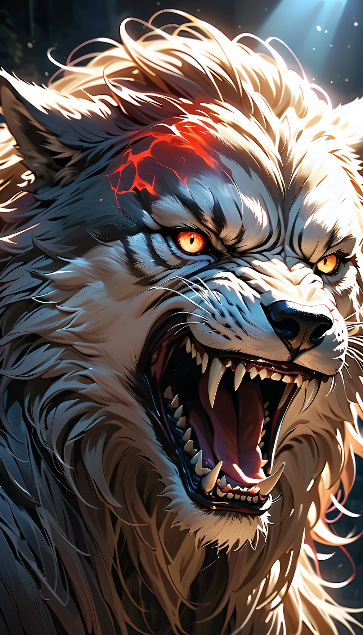 (((whole body, Werewolf), (attacks you))), realistic,hyper-detailed,highly-detailed,dramatic,dynamic transformation,a man transforming from a white wolf into a human,intense glare with piercing blue eyes,gradual transition from wolf to human,predatory wolf-like features,intense red glowing eyes,double exposure of fear and tenderness,mesmerizing gaze,1 man,solo,portrait,fantasy,supernatural,horror,sci-fi,chiaroscuro lighting,dramatic lighting,cinematic,(best quality,8k,highres,masterpiece:1.2),ultra-detailed,(realistic,photorealistic,photo-realistic:1.37),HDR,UHD,studio lighting,ultra-fine painting,sharp focus,physically-based rendering,extreme detail description,professional,vivid colors,bokeh