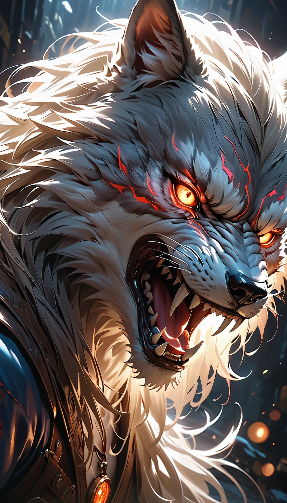 (((whole body, Werewolf), (attacks you))), realistic,hyper-detailed,highly-detailed,dramatic,dynamic transformation,a man transforming from a white wolf into a human,intense glare with piercing blue eyes,gradual transition from wolf to human,predatory wolf-like features,intense red glowing eyes,double exposure of fear and tenderness,mesmerizing gaze,1 man,solo,portrait,fantasy,supernatural,horror,sci-fi,chiaroscuro lighting,dramatic lighting,cinematic,(best quality,8k,highres,masterpiece:1.2),ultra-detailed,(realistic,photorealistic,photo-realistic:1.37),HDR,UHD,studio lighting,ultra-fine painting,sharp focus,physically-based rendering,extreme detail description,professional,vivid colors,bokeh