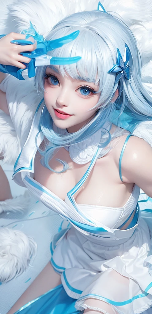 ((Masterpiece)), (Best Quality)), (Ultra Detail), Best Quality,One pretty woman, Blue eyes, Fair skin, Detailed face, Straight hair, Long hair, Sky blue hair,(((White lace pattern underwear)),See-through panties, small panties, crotch, see-through bra, (skinny),(small breasts),white cape,black string tie,(detail)+, smile, High detail eyes, wind on stage