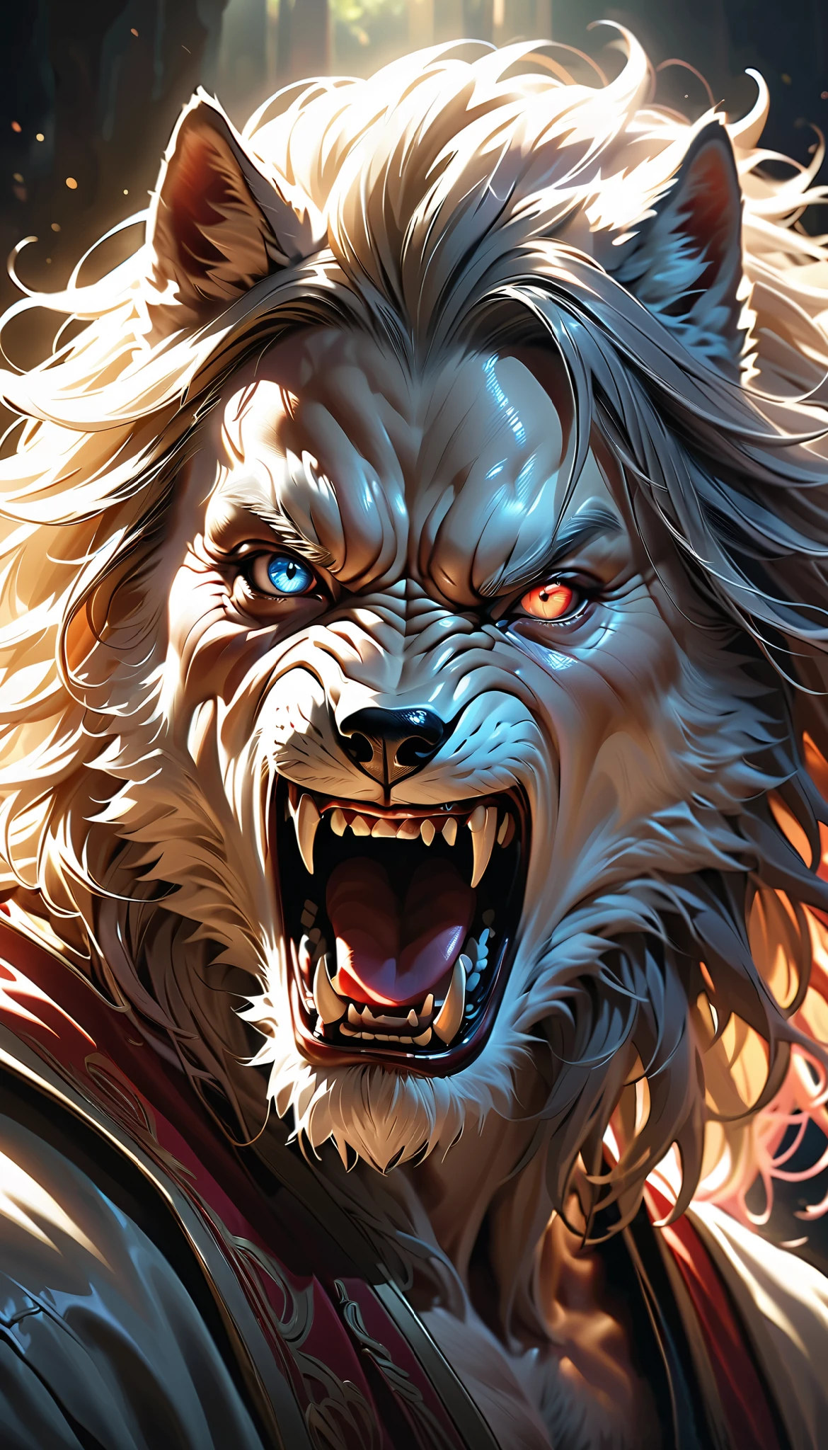 (((whole body, Werewolf), (attacks you))), realistic,hyper-detailed,highly-detailed,dramatic,dynamic transformation,a man transforming from a white wolf into a human,intense glare with piercing blue eyes,gradual transition from wolf to human,predatory wolf-like features,intense red glowing eyes,double exposure of fear and tenderness,mesmerizing gaze,1 man,solo,portrait,fantasy,supernatural,horror,sci-fi,chiaroscuro lighting,dramatic lighting,cinematic,(best quality,8k,highres,masterpiece:1.2),ultra-detailed,(realistic,photorealistic,photo-realistic:1.37),HDR,UHD,studio lighting,ultra-fine painting,sharp focus,physically-based rendering,extreme detail description,professional,vivid colors,bokeh