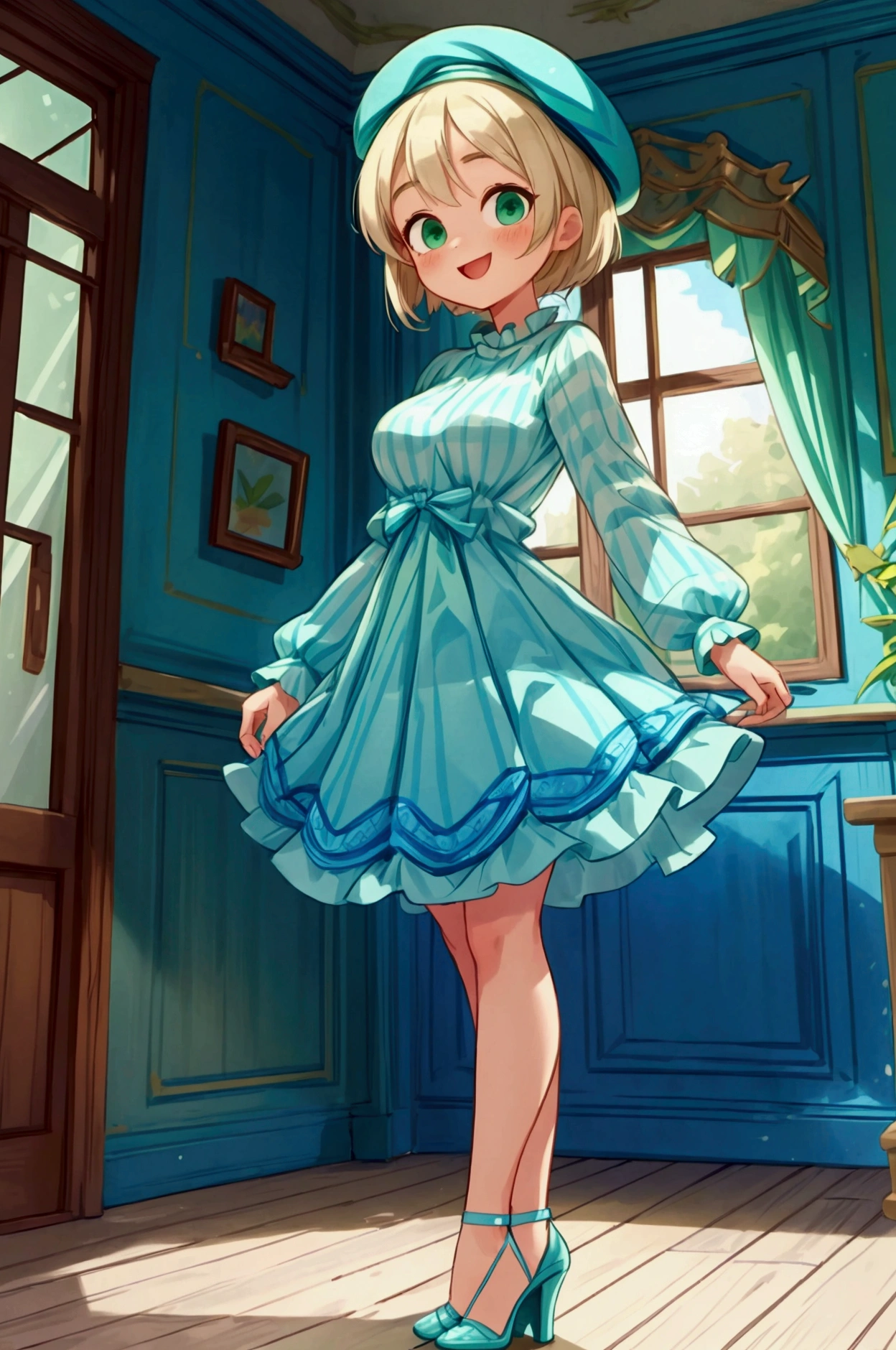 (masterpiece, best quality) 1 girl (Landscape: standing, indoor, intricate detail, sunlight) (Outfit: blue and green frilly striped dress long sleeves, blue short sleeve t-shirt over the dress, high heels, beret) (Body: white blonde short hair, green eyes, teen gorgeous body, gorgeous legs, lovely, pronounced big breast, smiling