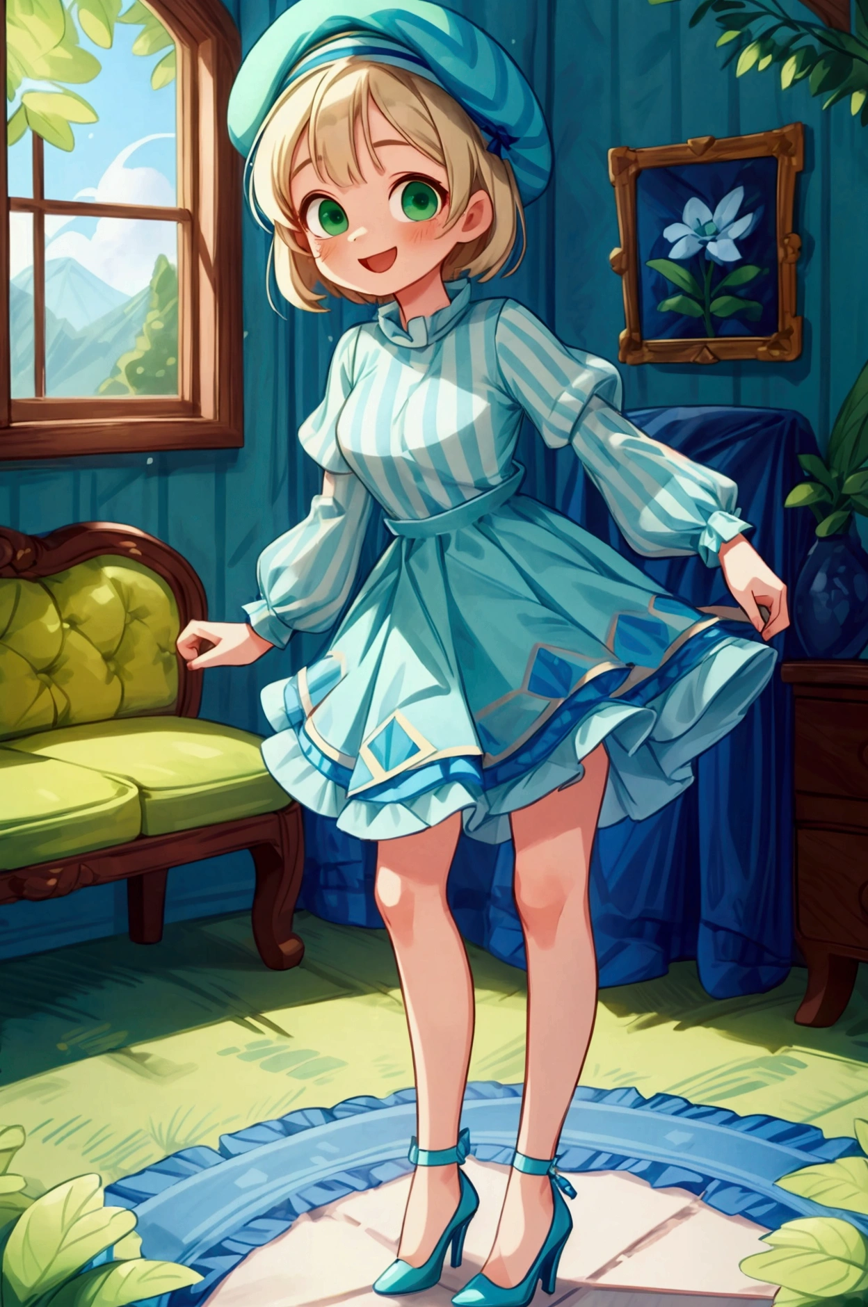 (masterpiece, best quality) 1 girl (Landscape: standing, indoor, intricate detail, sunlight) (Outfit: blue and green frilly striped dress long sleeves, blue short sleeve t-shirt over the dress, high heels, beret) (Body: white blonde short hair, green eyes, teen gorgeous body, gorgeous legs, lovely, pronounced big breast, smiling