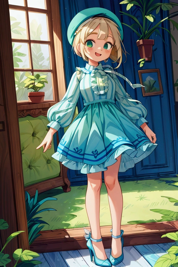 (masterpiece, best quality) 1 girl (Landscape: standing, indoor, intricate detail, sunlight) (Outfit: blue and green frilly striped dress long sleeves, blue short sleeve t-shirt over the dress, high heels, beret) (Body: white blonde short hair, green eyes, teen gorgeous body, gorgeous legs, lovely, pronounced big breast, smiling