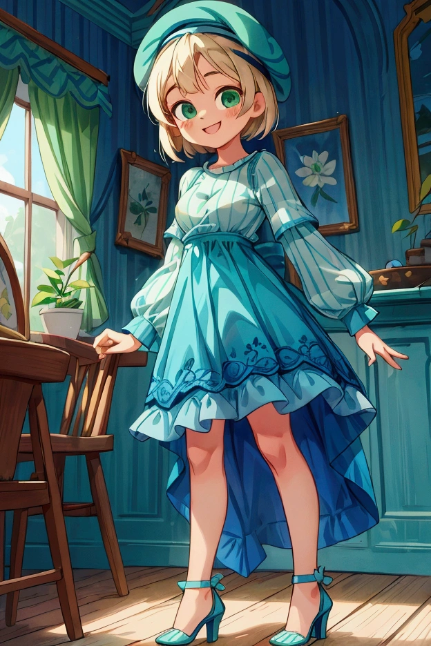 (masterpiece, best quality) 1 girl (Landscape: standing, indoor, intricate detail, sunlight) (Outfit: blue and green frilly striped dress long sleeves, blue short sleeve t-shirt over the dress, high heels, beret) (Body: white blonde short hair, green eyes, teen gorgeous body, gorgeous legs, lovely, pronounced big breast, smiling