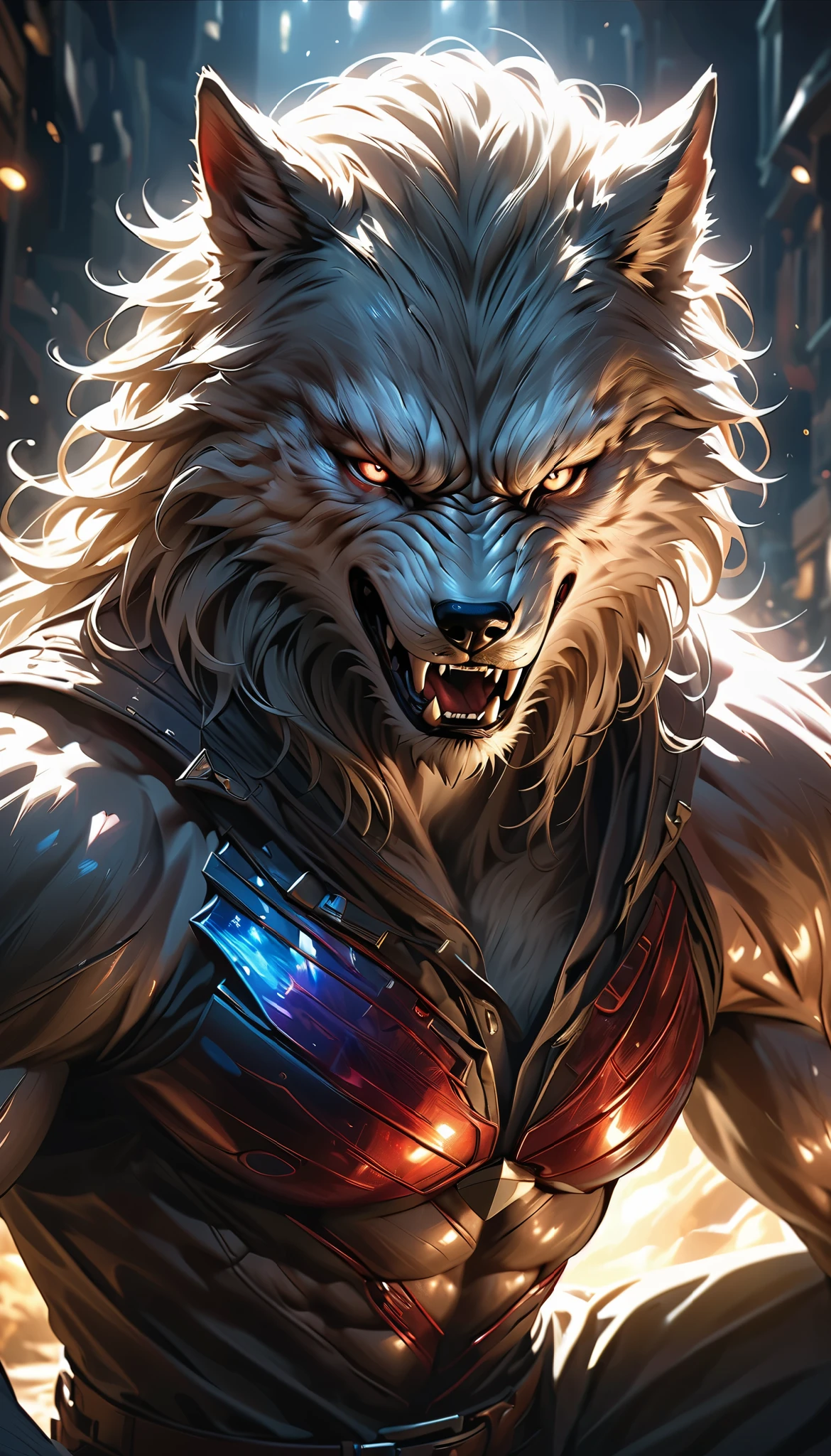 (((whole body, Werewolf), (attacks you))), realistic,hyper-detailed,highly-detailed,dramatic,dynamic transformation,a man transforming from a white wolf into a human,intense glare with piercing blue eyes,gradual transition from wolf to human,predatory wolf-like features,intense red glowing eyes,double exposure of fear and tenderness,mesmerizing gaze,1 man,solo,portrait,fantasy,supernatural,horror,sci-fi,chiaroscuro lighting,dramatic lighting,cinematic,(best quality,8k,highres,masterpiece:1.2),ultra-detailed,(realistic,photorealistic,photo-realistic:1.37),HDR,UHD,studio lighting,ultra-fine painting,sharp focus,physically-based rendering,extreme detail description,professional,vivid colors,bokeh