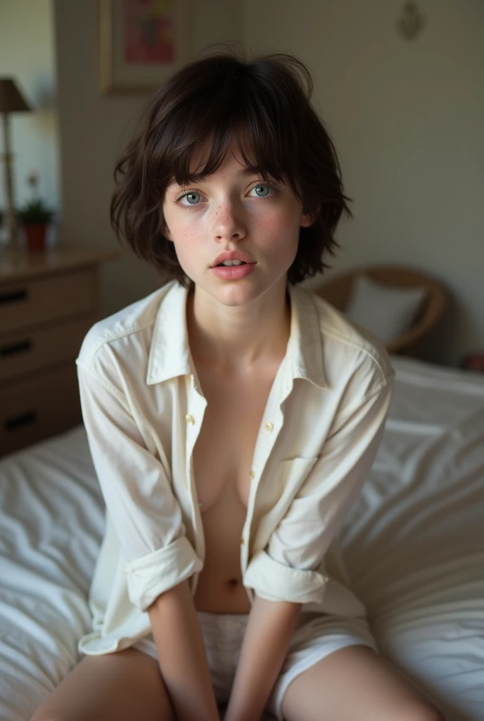 three very thin young nude female teenager who looks anorexic gazing sadly into the camera lens. bob hair.  the girl's body is similar to that of a pubescent. In a bed room. Lying a bed with spread legs