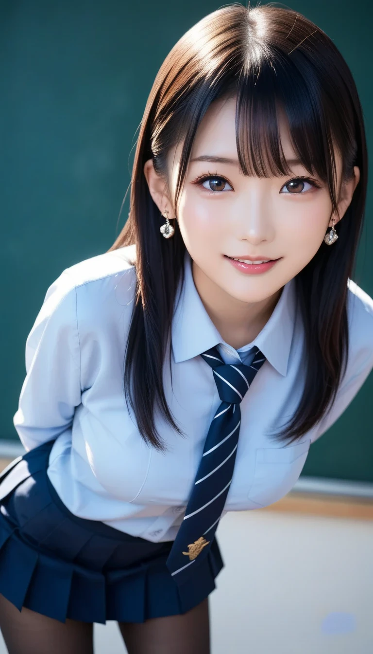 スコア_9, スコア_8_アップ, スコア_7_アップ, sアップer detailed, BREAK A breathtakingly beautiful Japanese woman with long, silky black hair, wearing a modern school uniform with a fitted blazer, short skirt, and tights. She has a radiant smile, stunning facial and eye details, and a confident yet graceful demeanor. She is posing in a classroom setting, leaning forward slightly with her hands placed behind her back, emphasizing her elegant posture. Her figure is curvaceous with a focus on her proportions, and the scene captures her in a dynamic position as she squats or does the splits. The atmosphere includes soft steam or light haze for added depth and realism. Ultra-high-definition, 32K resolution, masterpiece-level detail, Hausmo style.