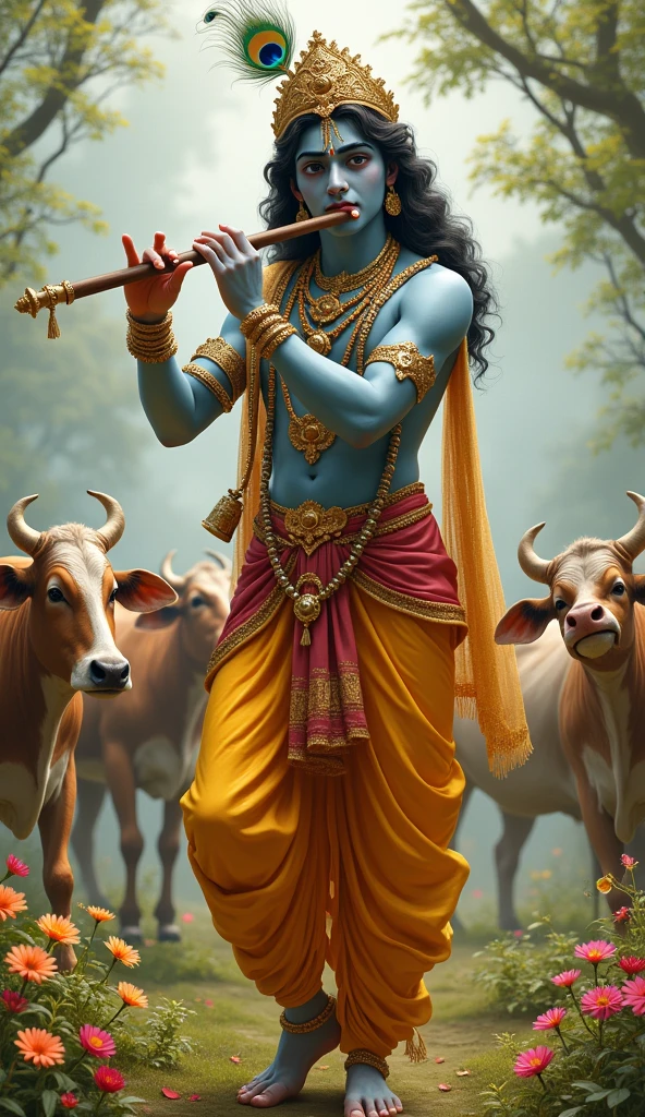 Lord krishna playing flute with his favorite animals around him. Vintage photo