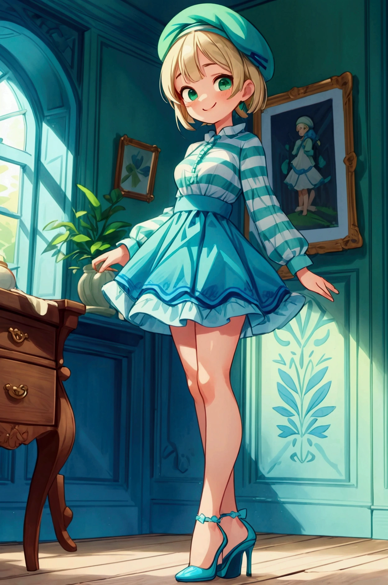 (masterpiece, best quality) 1 girl (Landscape: standing, indoor, intricate detail, sunlight) (Outfit: blue and green frilly striped dress long sleeves, blue short sleeve t-shirt over the dress, high heels, beret) (Body: white blonde short hair, green eyes, teen gorgeous body, gorgeous legs, lovely, pronounced big breast, smiling