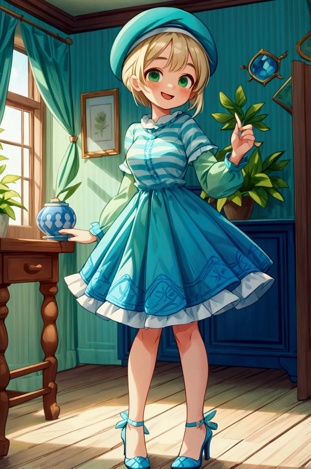 (masterpiece, best quality) 1 girl (Landscape: standing, indoor, intricate detail, sunlight) (Outfit: blue and green frilly striped dress long sleeves, blue short sleeve t-shirt over the dress, high heels, beret) (Body: white blonde short hair, green eyes, teen gorgeous body, gorgeous legs, lovely, pronounced big breast, smiling