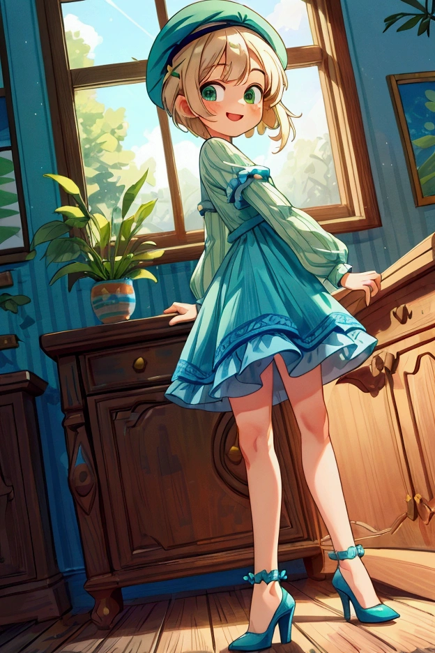 (masterpiece, best quality) 1 girl (Landscape: standing, indoor, intricate detail, sunlight) (Outfit: blue and green frilly striped dress long sleeves, blue short sleeve t-shirt over the dress, high heels, beret) (Body: white blonde short hair, green eyes, teen gorgeous body, gorgeous legs, lovely, pronounced big breast, smiling