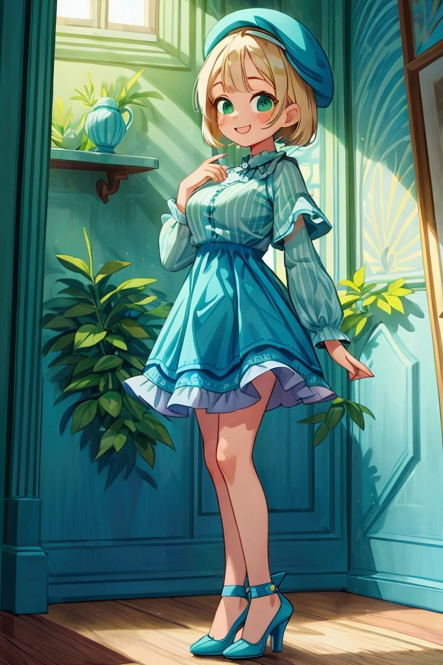 (masterpiece, best quality) 1 girl (Landscape: standing, indoor, intricate detail, sunlight) (Outfit: blue and green frilly striped dress long sleeves, blue short sleeve t-shirt over the dress, high heels, beret) (Body: white blonde short hair, green eyes, teen gorgeous body, gorgeous legs, lovely, pronounced big breast, smiling