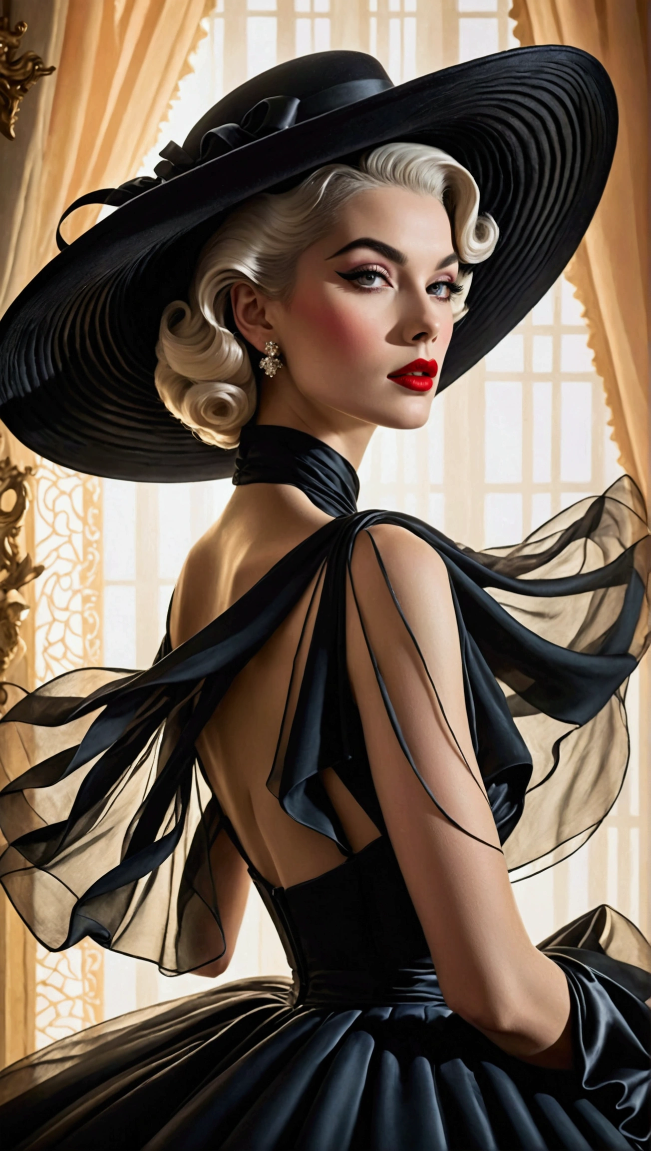 Create a mesmerizing masterpiece that captures the essence of a woman in enchanting 1950s fashion. She wears an ethereal, flowing gown that trails like wisps of mist, radiating a magical aura that seems to shimmer with every movement. Her glamorous makeup, featuring bold, striking red lipstick, perfectly complements her wide-brimmed black hat, which adds an air of mystery.**
**This enchanting figure embodies a surreal elegance, reminiscent of Lady Dimitrescu, with a porcelain complexion that beautifully contrasts against a lush, soft background painted in vibrant, dreamlike hues. The artwork should reflect the intricate style of Patrick Nagel, highlighting exquisite painting techniques that bring every detail to life. Focus on the delicate drapes of her gown, the refined features of her face, and the captivating depth of her expressive eyes.**

**Capture the spirit of a whimsical model shoot with a professional photography quality, seamlessly blending elements of synthwave and androgyny. The final image should be rendered in stunning 8K resolution, exuding high quality and award-winning artistry, with an emphasis on her short hair that enhances her unique charm and allure.