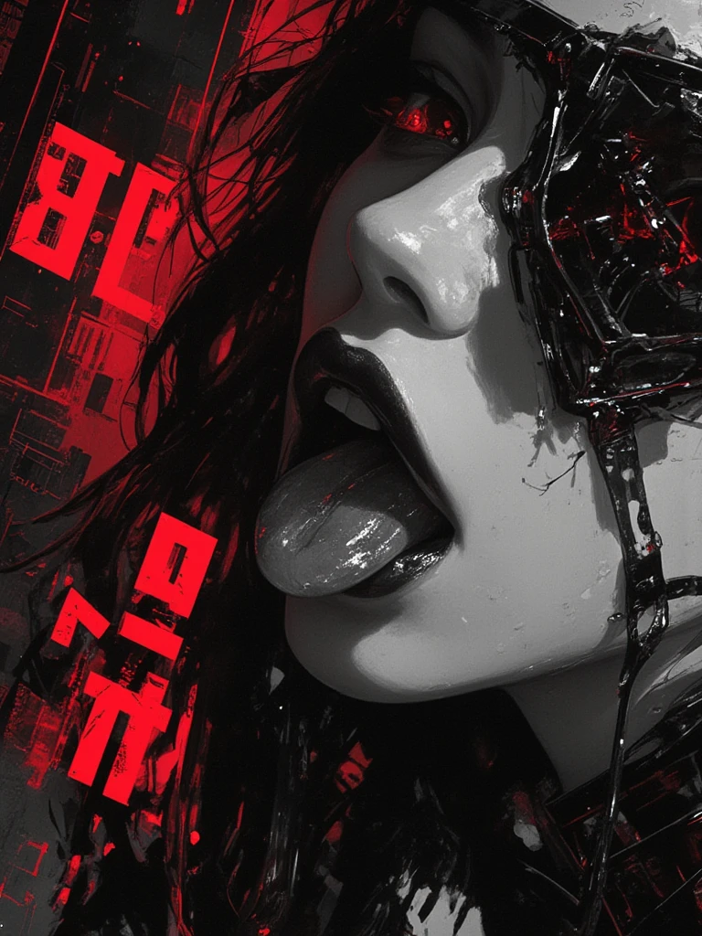 Brutalist graphic design layout. A close-up of a K-pop singer’s mouth with her tongue out, grills glinting in the monochrome light as faint saliva trails catch the light. Her spiked eyepatch is adorned with intricate cyberpunk detailing. The background features glitch-like graphics and crimson accents layered over barcodes and minimalistic computer data visuals. The bold red "✟ ✟ ✟ ✟ ✟ ✟ ✟ ✟ ✟" typography overlays the frame, adding rebellious energy. Additional details include barcodes, wireframe symbols, and fragmented text blocks. Cinematic macro shot, gritty monochrome, dystopian gothic fusion, (oil painting:1.3), a detailed painting, ink artistic conception, real paint texture, hyper-realistic, depth of field, charming, desire, Obscene, ((fine facial features, eroticism)), dramatic lighting, Realistic, highly detailed, masterpiece, 8k, Cinematic Composition, Dramatic Shadows, Intricate and elaborate pattern, 30 megapixel, chiaroscuro lighting, deep contrast, realistic anime style, A fusion of the styles of Katsuya Terada, Range Murata, Akiman and JUNNY