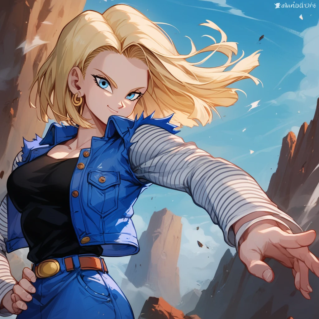 score_9, score_8_up, score_8, medium breasts, (curvy), cute, eyelashes,    zzAndroid18, blue eyes, blonde hair, short hair, jacket, denim, denim jacket, jewelry, earrings, long sleeves, shirt, skirt, belt, stripes,  smile, looking at viewer,   serious expression, dramatic sunset casting shadows, standing on a cliff overlooking a devastated battlefield, her iconic outfit slightly torn, glowing with suppressed energy, a moment of reflection before the next fight,  ,,, embedding:zPDXL, Expressiveh, 