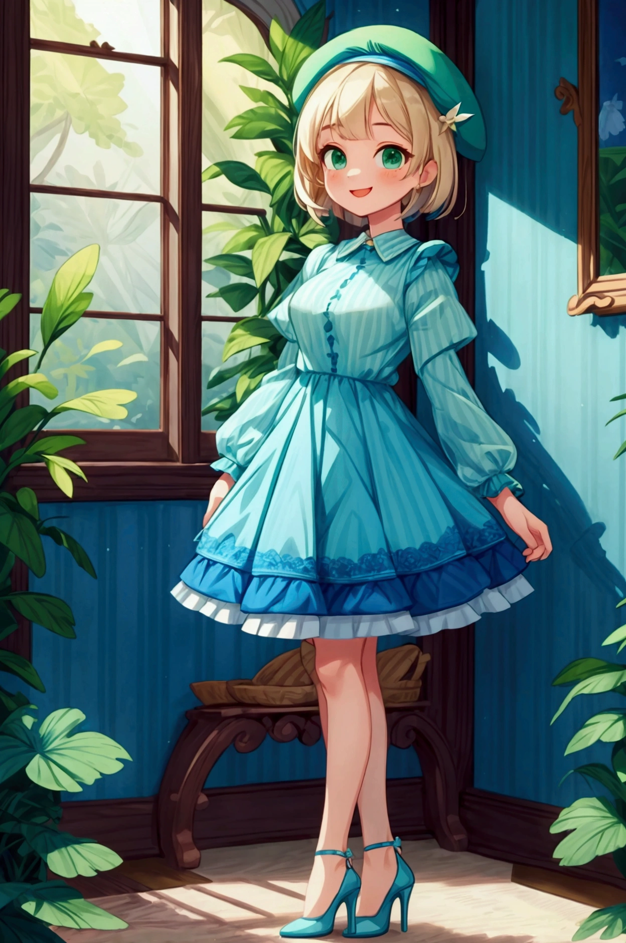 (masterpiece, best quality) 1 girl (Landscape: standing, indoor, intricate detail, sunlight) (Outfit: blue and green frilly striped dress long sleeves, blue short sleeve t-shirt over the dress, high heels, beret) (Body: white blonde short hair, green eyes, teen gorgeous body, gorgeous legs, lovely, pronounced big breast, smiling