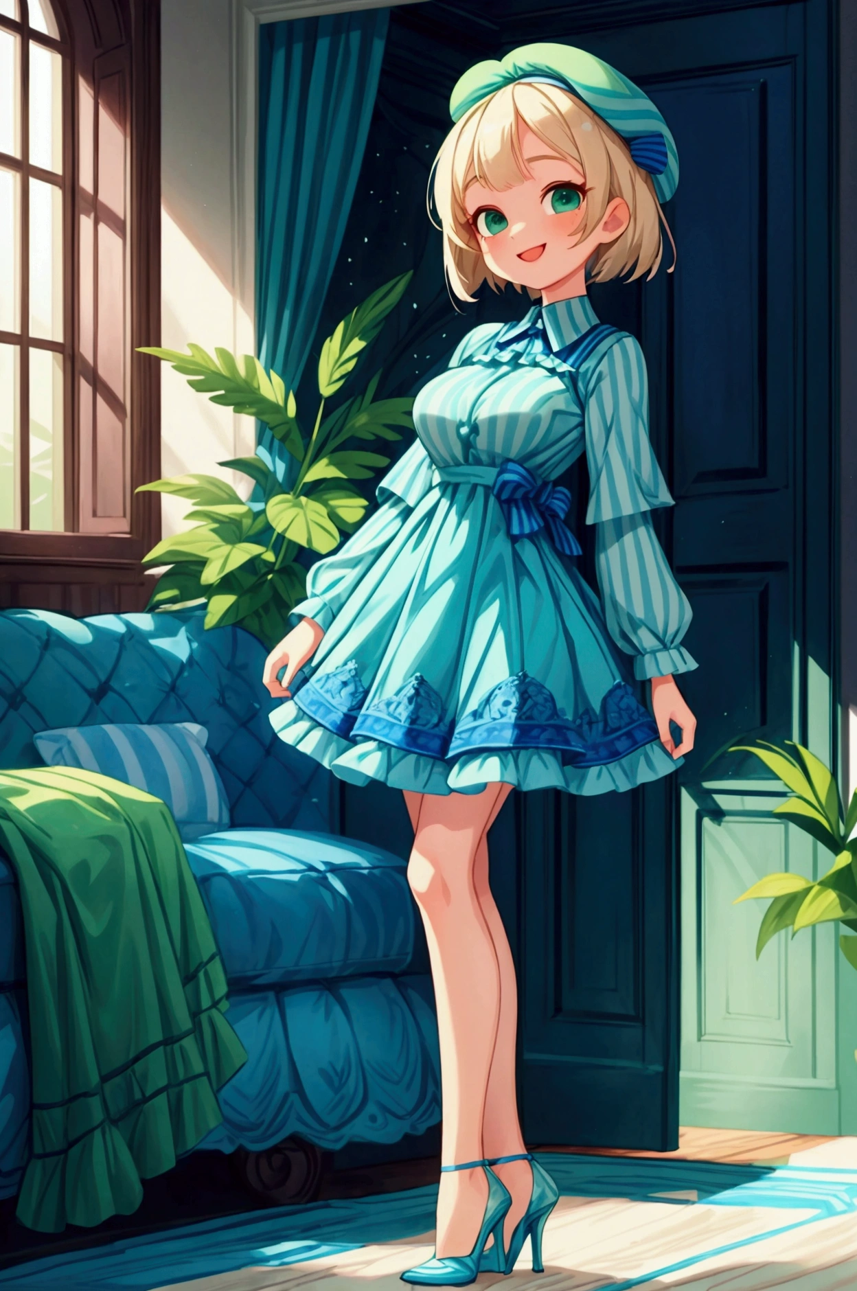 (masterpiece, best quality) 1 girl (Landscape: standing, indoor, intricate detail, sunlight) (Outfit: blue and green frilly striped dress long sleeves, blue short sleeve t-shirt over the dress, high heels, beret) (Body: white blonde short hair, green eyes, teen gorgeous body, gorgeous legs, lovely, pronounced big breast, smiling