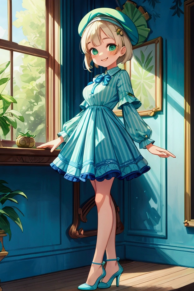 (masterpiece, best quality) 1 girl (Landscape: standing, indoor, intricate detail, sunlight) (Outfit: blue and green frilly striped dress long sleeves, blue short sleeve t-shirt over the dress, high heels, beret) (Body: white blonde short hair, green eyes, teen gorgeous body, gorgeous legs, lovely, pronounced big breast, smiling