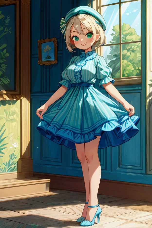 (masterpiece, best quality) 1 girl (Landscape: standing, indoor, intricate detail, sunlight) (Outfit: blue and green frilly striped dress long sleeves, blue short sleeve t-shirt over the dress, high heels, beret) (Body: white blonde short hair, green eyes, teen gorgeous body, gorgeous legs, lovely, pronounced big breast, smiling