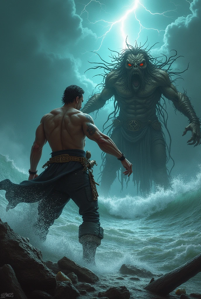 Marduk, armé d'une masse et d'un arc, combat Tiamat dans une tempête déchaînée. Le ciel et la mer s'agitent tandis que Marduk porte un coup fatal, faisant naître des terres, montagnes et rivières du corps de Tiamat