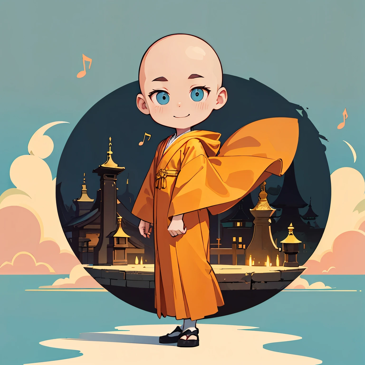 A spirited little monk next to the ancient tower
