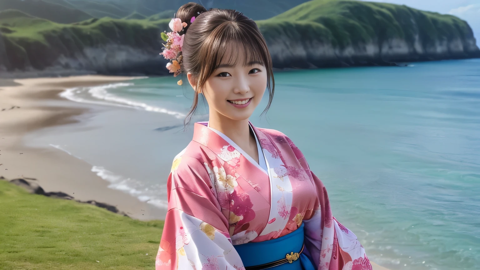 A woman in a kimono is standing in the shade of a palm tree with an emerald green beach in the background, looking towards the camera.。Cute and pretty smile。Hibiscus hair ornament。