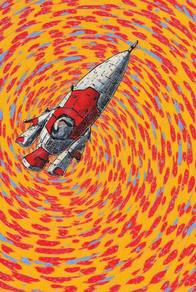 spaceship illustration,Drawn into the spiral vortex , LSD Trip, vertigo - inducing,  LSD ripples , hypnotism,  （LSD , Dreaming illusions, best sleep,  spinning round and round death , Hypnotic, Psychedelic LSD , Astral Projection, Hypnotic dimensions, Spiral ,  distorted pose , yellow,red,White