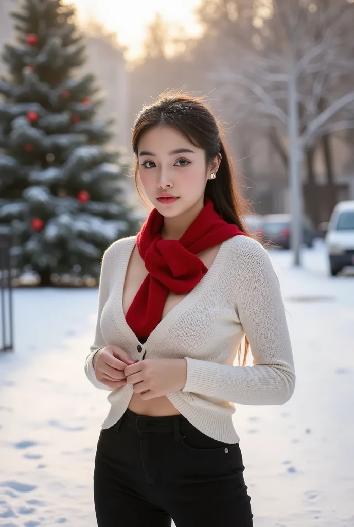 Beautiful young woman, 25 years old, long hair (Natural light, good light, morning light). Clear focus, Light falling on the skin makes the skin stand out, Deep focus, Details of the masterpiece, 4K, Face details, Park, Christmas tree, Snowy area, Falling snow, Natural breasts, Wearing a white long-sleeved sweater, Red wool scarf, Black pants, Standing on the snow covered ground, She stares at the viewer.