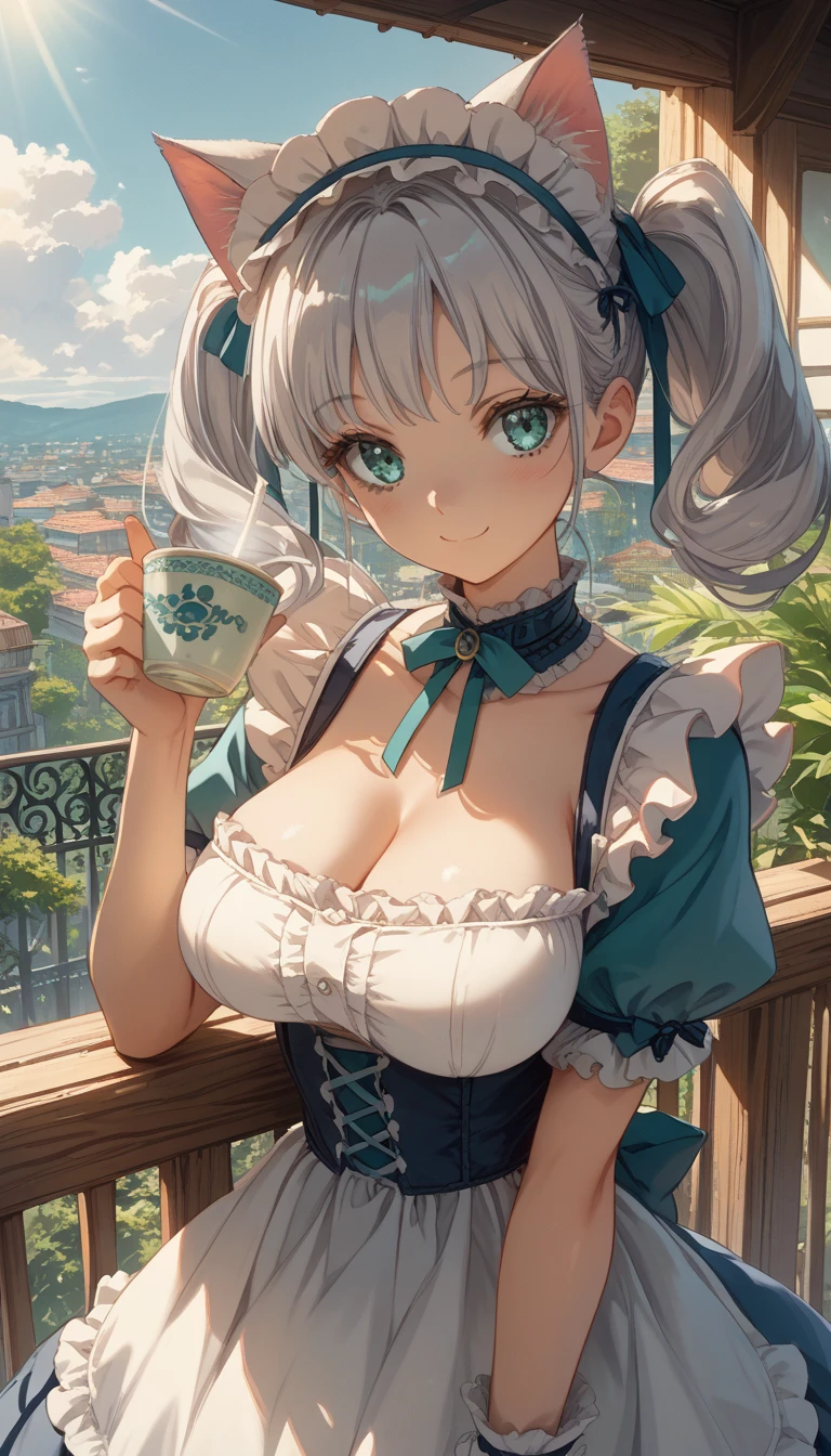 score_9, score_8_up, score_7_up,source_anime,1 cute girl,Silver Hair, twin tails、cat ears,　　Big Breasts、 Lolita style maid clothes that can be put in the back　Miniskirt　valley　Aqua Eye 　Dirty body　　Eat curry and rice 　happysmile　　Beautiful face　 Balcony 　 Sun Sunlight　Drinking tea