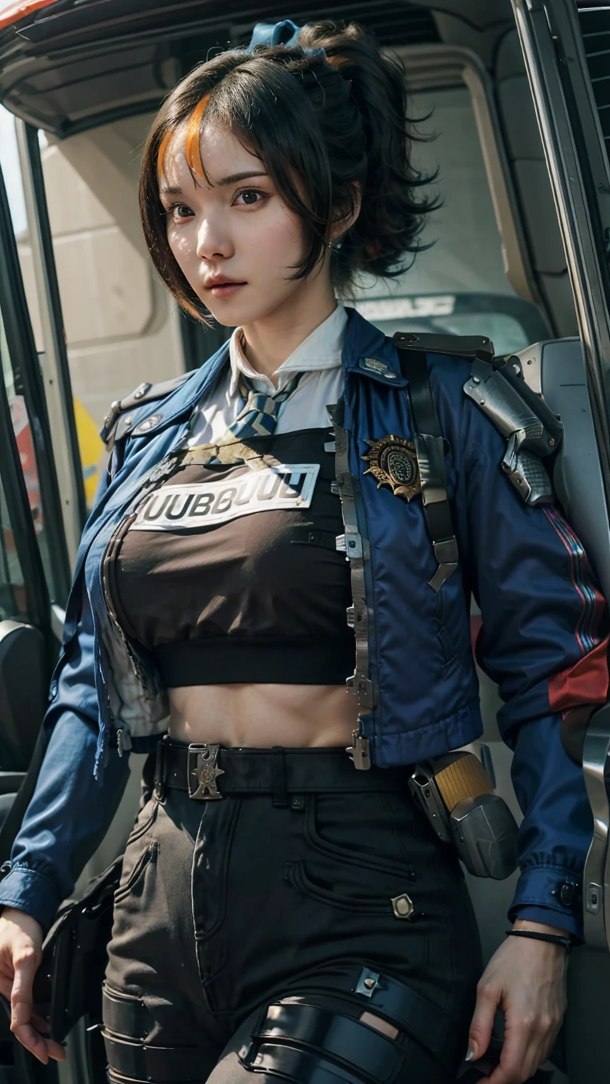  high ponytail with ribbon,  streaked hair ,
 blue jacket , black pants ,Police uniform,
 high definition , Official Art , original ,masterpiece, top quality,
(huge breast, thin waist, wide hip, thighs thighs),
