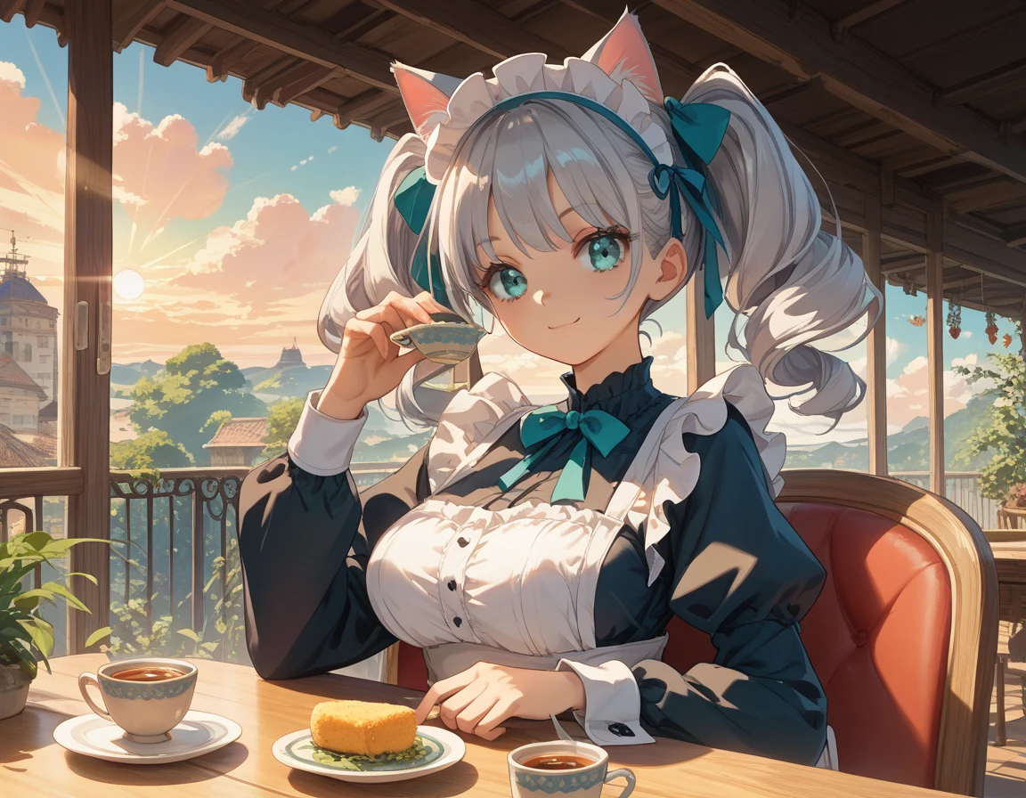 score_9, score_8_up, score_7_up,source_anime,1 cute girl,Silver Hair, twin tails、cat ears,　　Big Breasts、 Lolita-style maid clothes that blow the tide from Omata　Miniskirt　valley　Aqua Eye 　Dirty body　　Eat curry and rice 　happysmile　　Beautiful face　 Balcony 　 Sun Sunlight　Drinking tea　table　 sit on a chair