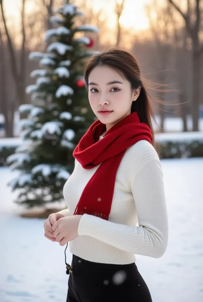 Beautiful young woman, 25 years old, long hair (Natural light, good light, morning light). Clear focus, Light falling on the skin makes the skin stand out, Deep focus, Details of the masterpiece, 4K, Face details, Park, Christmas tree, Snowy area, Falling snow, Natural breasts, Wearing a white long-sleeved sweater, Red wool scarf, Black pants, Standing on the snow covered ground, She stares at the viewer.