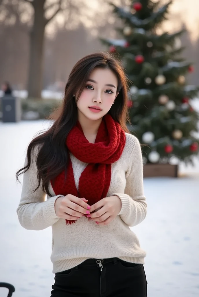 Beautiful young woman, 25 years old, long hair (Natural light, good light, morning light). Clear focus, Light falling on the skin makes the skin stand out, Deep focus, Details of the masterpiece, 4K, Face details, Park, Christmas tree, Snowy area, Falling snow, Natural breasts, Wearing a white long-sleeved sweater, Red wool scarf, Black pants, Standing on the snow covered ground, She stares at the viewer.