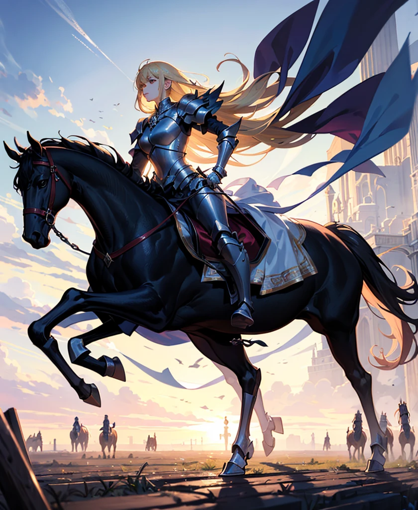 offcial art, Unity 8k wallpaper, Ultra detailed, Beautiful and aesthetic, Masterpiece, Best quality, Tangled, entangle, 1girll，Portrait of a noble knight，Dignified，royal，blond hairbl，cavalier，Full body photo，Horses gallop