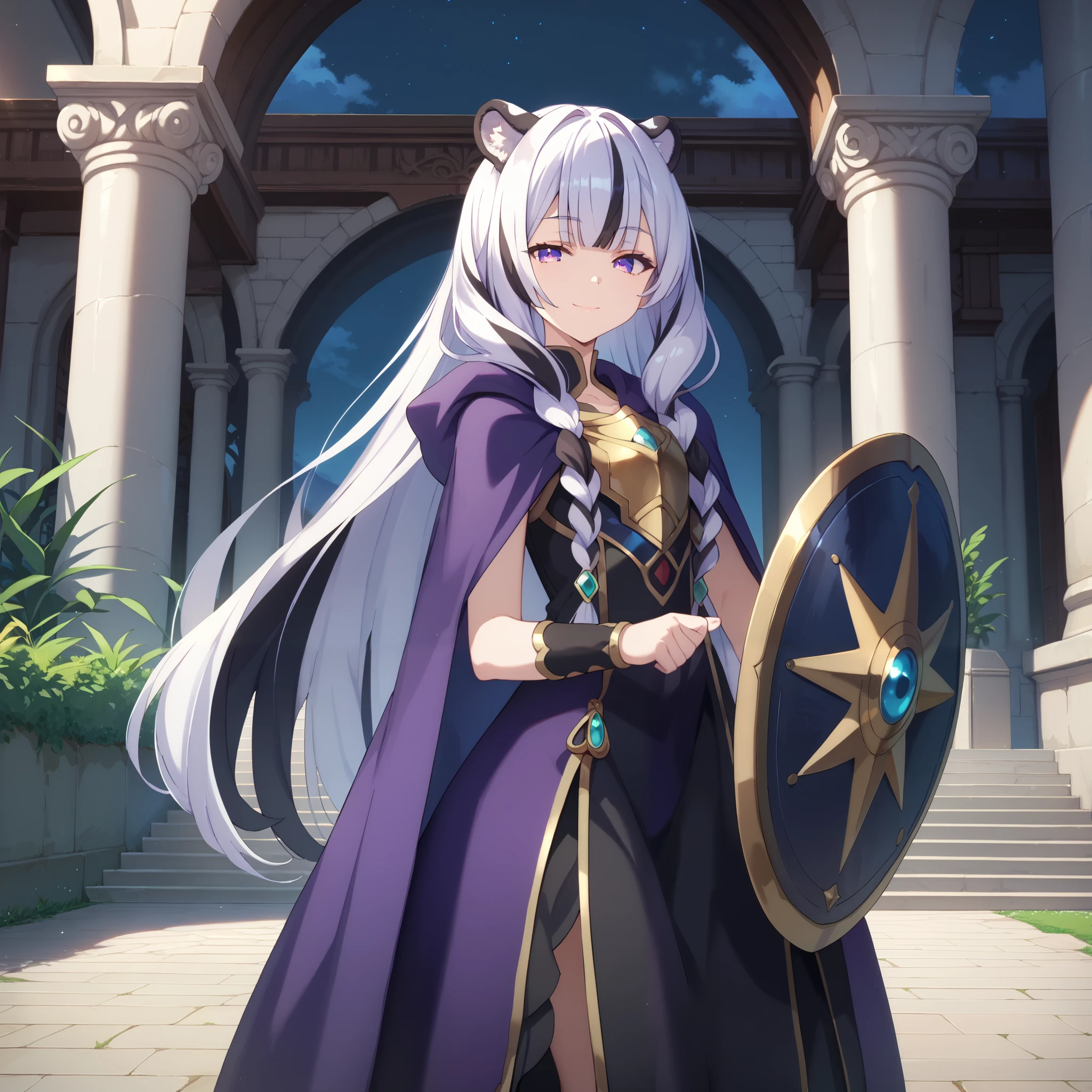 ((masterpiece)), 1girl, solo, very long hair, white hair, black hair, multicolored hair, white tiger ears, white tiger tail, open eyes purple eyes, looking at viewer, kind smile, night scenery, extends hand to the viewer, motherly smile, standing, purple dress, black dress, multicolored dress, armored dress, half-lidded eyes, Shield on right wrist, metal breastplate, purple cape, white fur on cape, metal Shield.