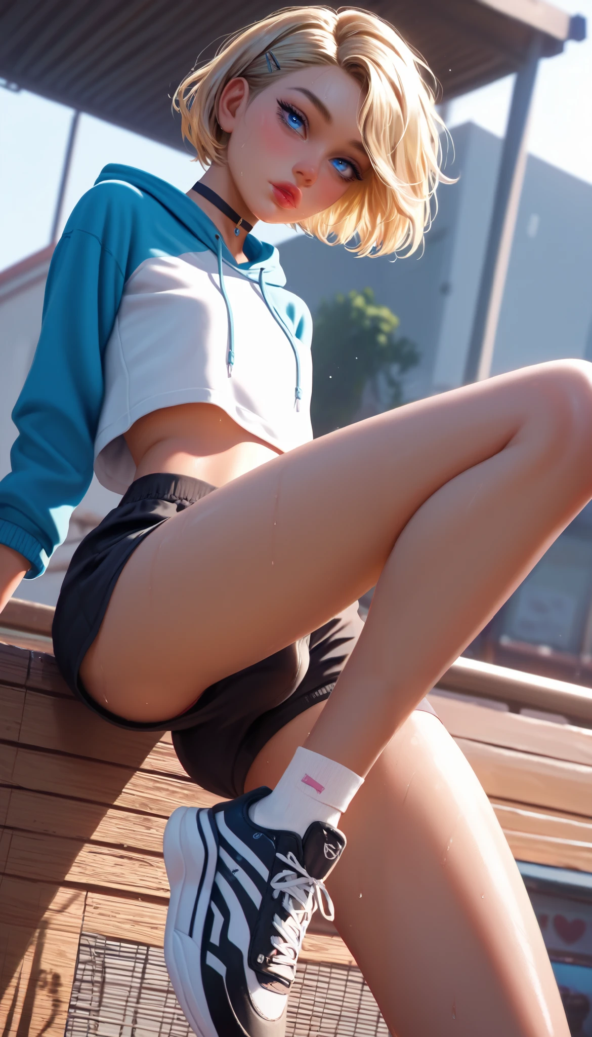 hyperrealistic, detailed face, toned blonde femboy, blond eyes, slim, male, feminine touch, blond open short hair, tanned, lipgloss, exhausted and arrogant, suggestive gaze towards the viewer,  sitting on a bank in the part, legs slightly spread, hoodie, black choker, blue eyes, flat chest, running shoes, small bulge, toned thighs, loose shorts and pantyhose, sweating