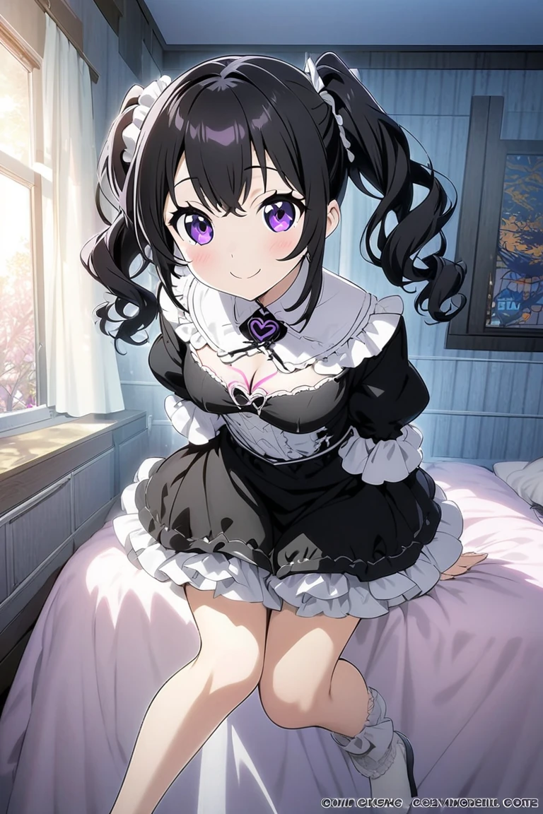 front view,1girl,Beautiful girl at 13 years old,Japanese,Slender,small breasts,Baby Face,Small face,Black Hair,Row Twin Tails,Gray Eyes,Drooping eyes,middle School girls,A see-through black and purple negligee,lingerie,open mouth,tongue out,front face,kneel,Hands Behind Back,Put your chin forward,Beautiful and detailed anime art,Mischievous smile,front view,high angle, looking at viewer, looking ahead, from above,face focus,Sexy vibe,cum on tongue,Dimly lit room,Beautiful room,On the bed,blurry background
