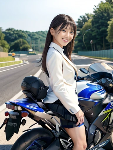 female rider, motorcycle, Kawasaki ZX10R, Yamaha YZF-R1, speeding on highway, diagonally from front, sense of speed, speed lines, motion blur, (cream business suit:1.3), (skirt:1.3), hair blowing in the wind, (police car:1.3), dynamic composition, bold color palette, vivid details, ((masterpiece)), ((best quality)), (ultra-detailed), ((beautiful eyes)), Japanese female, (slender), ((30 years old)), beautiful, (cheerful grin:1.3),