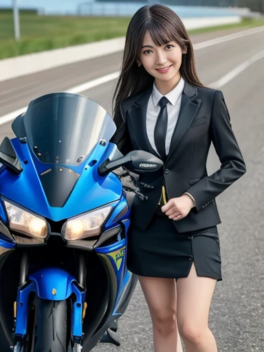 female rider, motorcycle, Kawasaki ZX10R, Yamaha YZF-R1, speeding on highway, diagonally from front, sense of speed, speed lines, motion blur, (cream business suit:1.3), (skirt:1.3), hair blowing in the wind, (police car:1.3), dynamic composition, bold color palette, vivid details, ((masterpiece)), ((best quality)), (ultra-detailed), ((beautiful eyes)), Japanese female, (slender), ((30 years old)), beautiful, (cheerful grin:1.3),