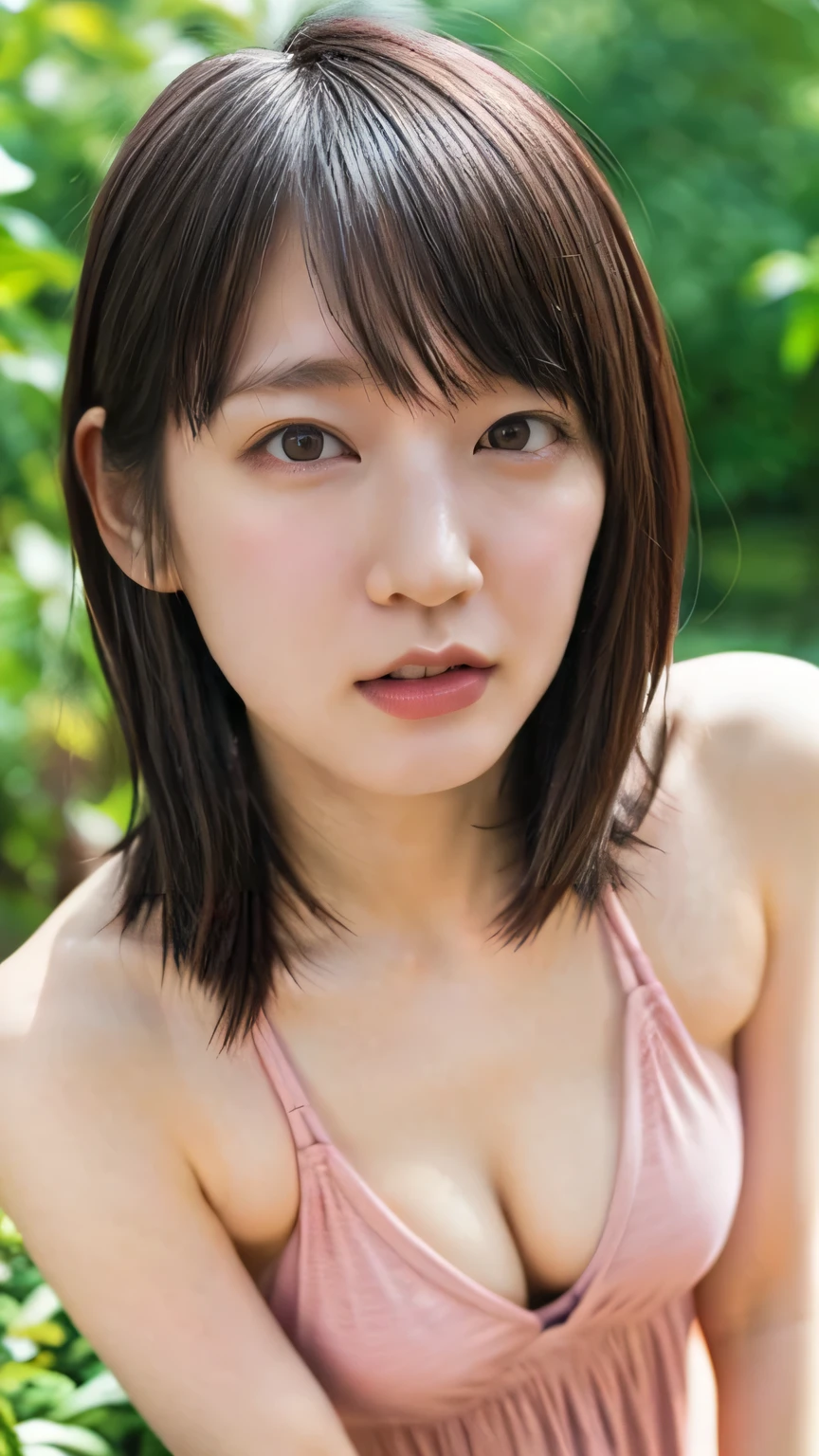 female 1 person、 beauty、 beautiful face、Angry face、( open mouth)、( White saliva in open mouth),(RIHO YOSHIOKA:1.3)、(((Front View)))、(pink hair)), super real 、 super high resolution 、 top quality、8k、masterpiece、( looking at camera),