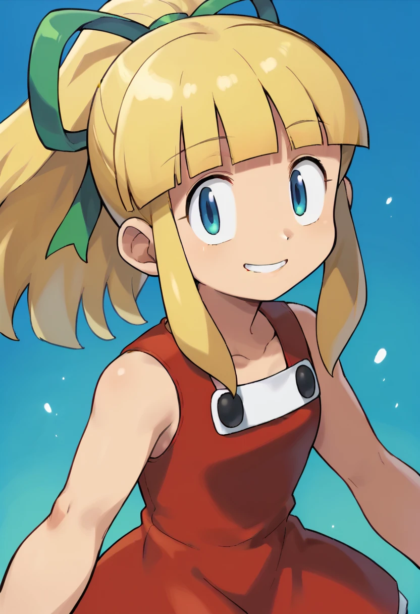 score_9, score_8_up, score_7_up, source_anime, solo, ishikawa hideki style, Roll (Mega man), long hair, bangs, blue eyes, blonde hair, dress, ribbon, hair ribbon, ponytail, sidelocks, collarbone, sleeveless, blunt bangs, sleeveless dress, red dress, green ribbon, medium chest, standing up smile, blue background