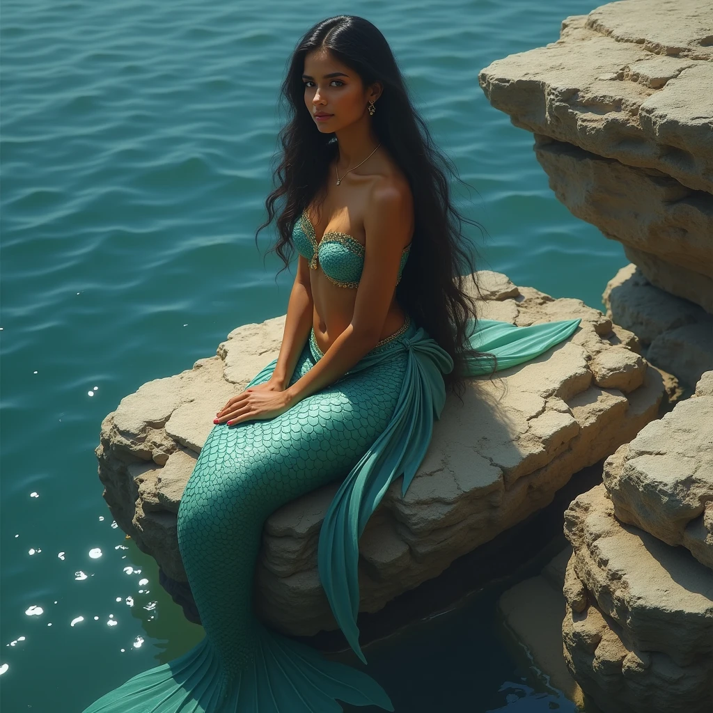 a vivid image of a breathtaking mermaid. Imagine a mermaid with long golden hair that glows softly in the sunlight. Its tail is shades of deep blue and emerald green, com escamas que parecem brilhar como joias. The mermaid is sitting on a rock at the water's edge, sua cauda parcialmente submersa, enquanto penteia os cabelos com dedos delicados. She holds a small shell hand mirror, observando seu reflexo com um sorriso sereno. In the background, uma tempestade se aproxima, with dark and menacing clouds. The normally gentle waves begin to churn, Reflection of climate change. No ar nublado, os raios solares ainda conseguem penetrar, creating a dramatic contrast between the tranquility of the mermaid and the impending storm. The scene conveys a sense of mystery and contrasts, capturando a beleza atemporal da sereia e a imprevisibilidade da natureza."