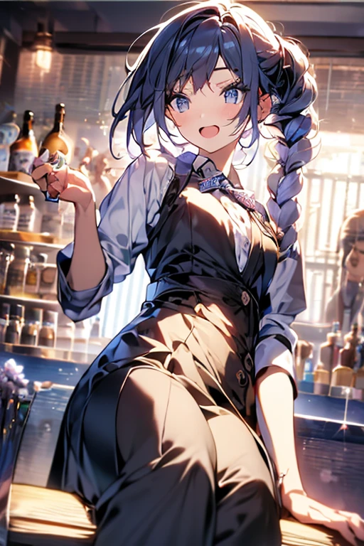 (Fantasy style), (anime), ((extremely detailed 8k illustration)), highres, (extremely detailed and beautiful), ultra detailed painting, professional illustrasion, Ultra-precise depiction, Ultra-detailed depiction, (beautiful and aesthetic:1.2), HDR, (depth of field:1.4),   (fire emblem,girl),archer, skinny, nice, small breasts,beautiful eyes, beautiful hair, (purple eyes), (purple hair), medium hair, (braid hair), (ahoge),smile, (in bar),(Various colored bottles lined up on the counter:1.5),(indirect lighting,bottles),(Lounges, dark bars),(Cocktail:1.2),(bar counter:1.3),(luster),