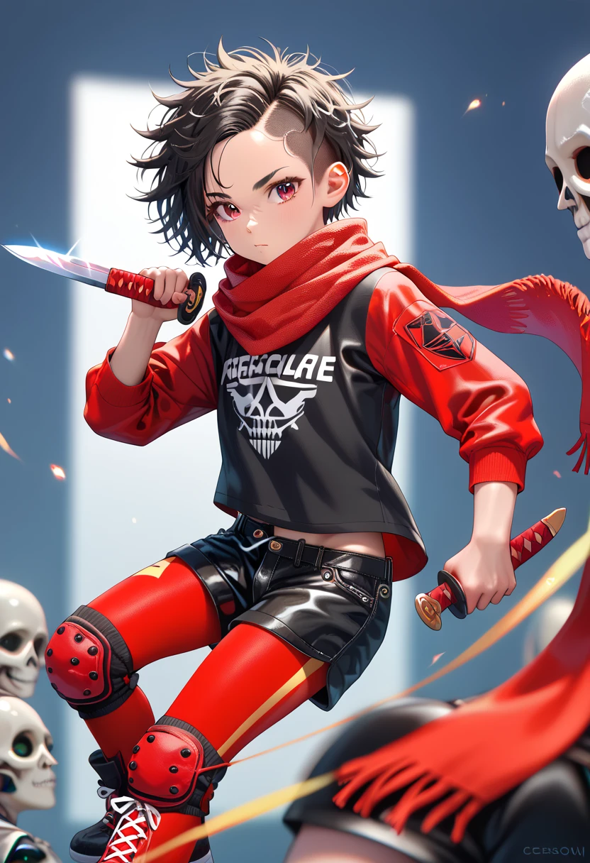 masterpiece, highest_quality, ultra_detailed, depth_of_field, 1boy_focus, boy is (japanese_femboy, (black_hair, messy_hair, crew_cut, forehead_bangs, black_slant_eyes, close_set_low_eyebrows, large_ears), flat_chest, (skeleton_mask:1.5, oversized_shirts, (wide_shorts, leggings):1.5, leather_shoes, legace, knee_pad, scarf):1.5, fighting_pose), five_fingers, detailed_face, full_of_details, hold_cutlass, hold_dagger, dual_wielding