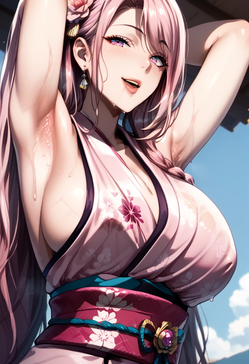 ( Masterpiece,  Best Quality ), , , stunning, smile, breast, armpits, sweat armpit,Very wet armpits , close up, showing her armpit, armpit focus,command to lick, sweaty,long Two hair colors,Hair accessories 、super Big Breasts、Pink kimono、stand、(Angle from below),kimono Sleeveless ,focus female